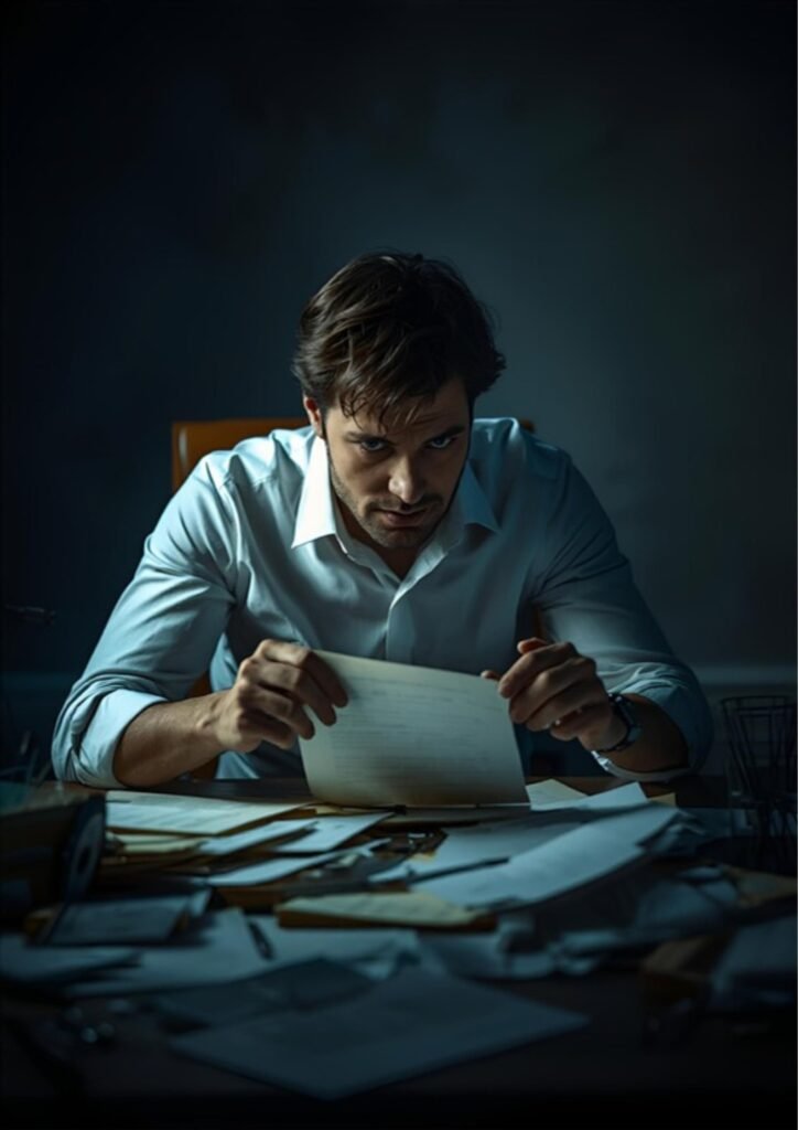 Person searching through scattered papers under spotlight - IRS audit concept