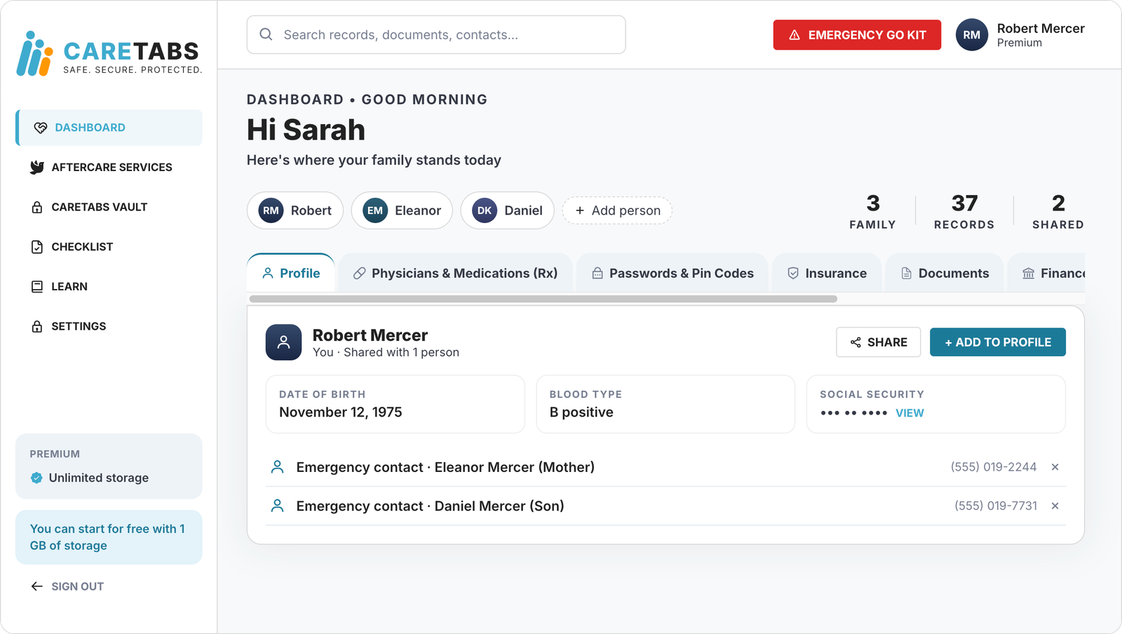 The CareTabs dashboard: a family switcher for Robert, Eleanor and Daniel, nine tabs from Profile to Home & Vehicles, and Robert's profile with date of birth, blood type, a masked Social Security number and emergency contacts